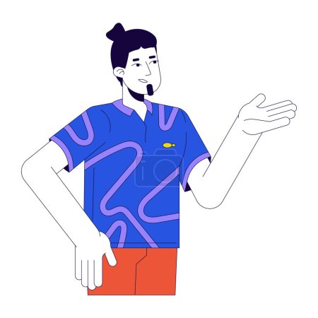 Caucasian guy making suggestion 2D linear cartoon character. Discussion participating man isolated line vector person white background. Indicative gesture, explaining color flat spot illustration