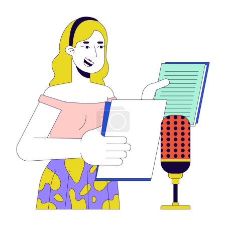 Illustration for Blonde woman voiceover artist 2D linear cartoon character. Caucasian female voice actor isolated line vector person white background. Microphone talk. Dubbing service color flat spot illustration - Royalty Free Image