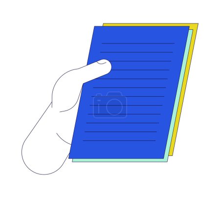 Holding paperwork linear cartoon character hand illustration. Looking papers. Reading files outline 2D vector image, white background. Review documents. Checking report editable flat color clipart