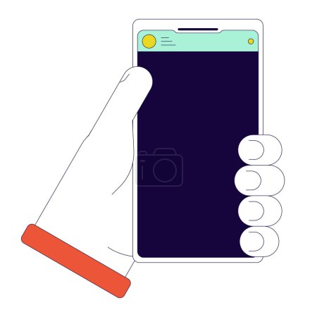 Holding smartphone linear cartoon character hand illustration. Using mobile phone outline 2D vector image, white background. Cellphone in hand. Cell phone carrying editable flat color clipart