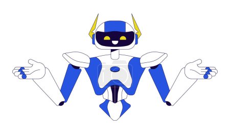 Robot shoulders shrugging 2D linear cartoon character. I dont know. Confused humanoid isolated line vector personage white background. Intelligence artificial arms out color flat spot illustration