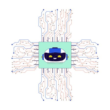 Micropuce AI cpu 2D linéaire objet de dessin animé. Intelligence artificielle puce circuit isolé ligne vecteur élément fond blanc. Carte mère Circuitry. Technologie innovante couleur plat spot illustration