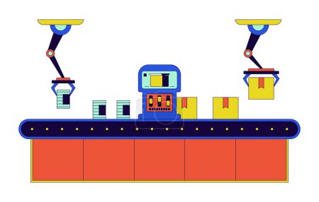 Ilustración de Cajas de línea de montaje de fábrica objeto de dibujos animados lineal 2D. Embalaje brazos robóticos aislados línea vector elemento fondo blanco. Fabricación de alimentos enlatados automatización color plano punto ilustración - Imagen libre de derechos