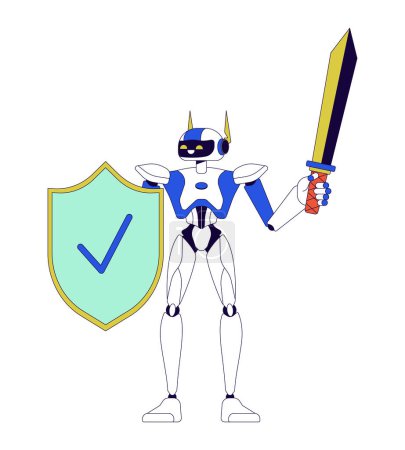 Robot with shield and sword 2D linear cartoon character. Cybersecurity humanoid isolated line vector personage white background. Cyber protection technology color flat spot illustration