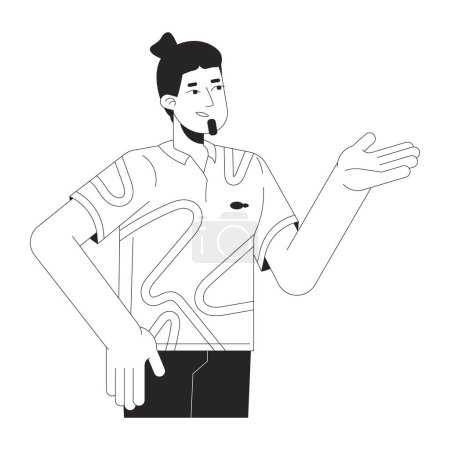 Caucasian guy making suggestion black and white 2D line cartoon character. Discussion participating man isolated vector outline person. Gesturing explaining monochromatic flat spot illustration