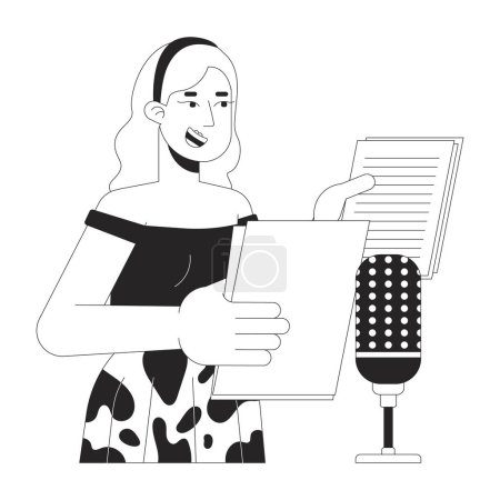 Blonde woman voiceover artist black and white 2D line cartoon character. Caucasian female voice actor isolated vector outline person. Microphone talk. Dubbing monochromatic flat spot illustration