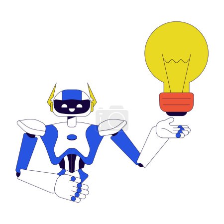 Illustration for Robot assistant generating idea 2D linear cartoon character. Technology innovation. Robotics humanoid isolated line vector personage white background. Lightbulb holding color flat spot illustration - Royalty Free Image