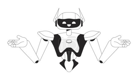 Hombros de robot encogiéndose de hombros personaje de dibujos animados de línea 2D en blanco y negro. Personaje confuso humanoide aislado de contorno vectorial. Inteligencia armas artificiales hacia fuera ilustración plana monocromática