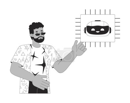 Homme barbu avec puce AI noir et blanc personnage de dessin animé ligne 2D. Développeur d'intelligence artificielle Africain Américain isolé vecteur contour personne. Illustration de tache plate monochromatique Tech