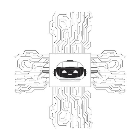 Micropuce AI cpu noir et blanc objet de dessin animé ligne 2D. Article de contour vectoriel isolé de circuit de puce d'intelligence artificielle. La carte mère. Illustration monochromatique innovante de taches plates