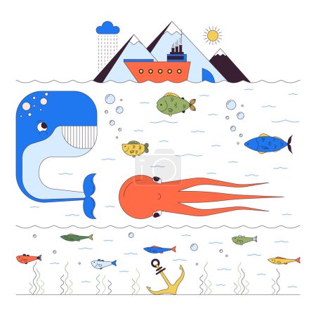 Vida marina profunda Concepto de ilustración lineal 2D. Peces marinos submarinos hábitats personajes de dibujos animados aislados en blanco. Exótico ecosistema de vida silvestre de la metáfora oceánica abstracto plano vector contorno gráfico