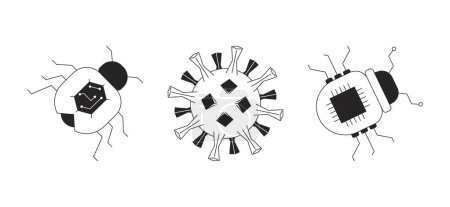 Ilustración de Virus errores informáticos en blanco y negro 2D línea de dibujos animados conjunto de objetos. Peligroso malware aislado colección de elementos de contorno de vectores. Accidente del sistema. Circuito ransomware ilustraciones monocromáticas punto plano - Imagen libre de derechos