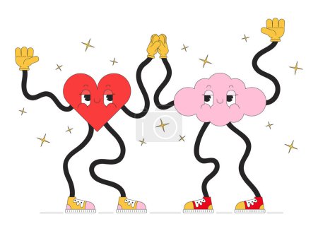 Illustration for High five groovy heart and cloud 2D linear illustration concept. Wavy hands retro cartoon characters isolated on white. Cute geometric figures high-five metaphor abstract flat vector outline graphic - Royalty Free Image