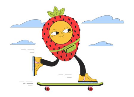 Erdbeer Skateboard 2D lineares Illustrationskonzept. Retro groovy Cartoon-Figur isoliert auf weiß. Niedliche geometrische Skateboarder Teenager Junge Metapher abstrakte flache Vektor Umriss Grafik