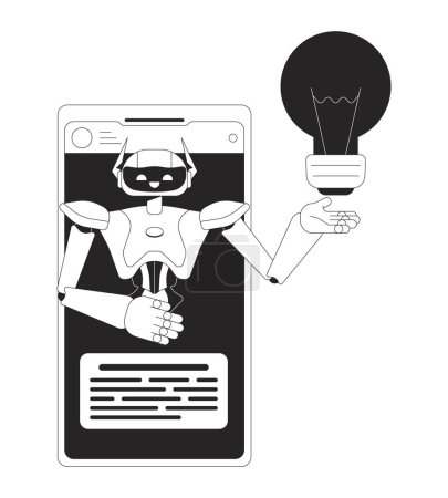Illustration for AI assistant cellphone black and white 2D line cartoon object. Idea generation algorithm mobile phone isolated vector outline item. Artificial intelligence chatbot monochromatic flat spot illustration - Royalty Free Image