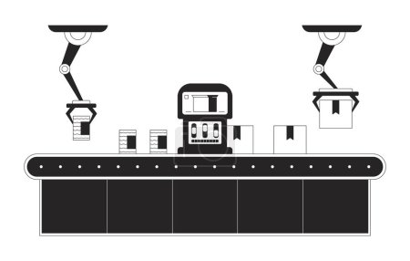 Ilustración de Fábrica de cajas de línea de montaje blanco y negro 2D línea de dibujos animados objeto. Embalaje brazos robóticos elemento contorno vectorial aislado. Automatización de la fabricación de alimentos enlatados ilustración plana monocromática - Imagen libre de derechos