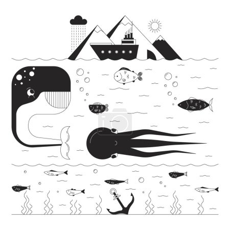 Vida marina profunda concepto de ilustración 2D en blanco y negro. Peces marinos submarinos hábitats dibujos animados delinear personajes aislados en blanco. Ecosistema exótico de vida silvestre de la metáfora oceánica arte vectorial monocromo
