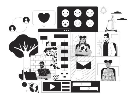 Illustration for Computer software developers black and white 2D illustration concept. Diverse programmers at work cartoon outline characters isolated on white. Digital products creating metaphor monochrome vector art - Royalty Free Image