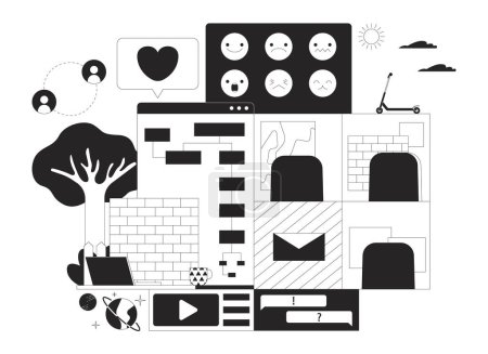 Web development black and white 2D illustration concept. Telecommuting. Software creation technology cartoon outline objects isolated on white. Programming online work metaphor monochrome vector art