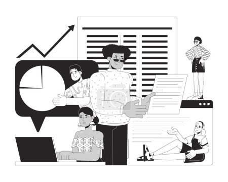 Buchhaltung Arbeit schwarz-weiß 2D Illustrationskonzept. Das Team der Wirtschaftsanalysten skizziert Charaktere isoliert auf weiß. Buchhalter im Haushalt. Finanzbericht Metapher monochrome Vektorkunst