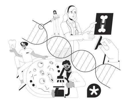Illustration for Medical care services black and white 2D illustration concept. Multiethnic doctors conducting examination cartoon outline characters isolated on white. Healthcare metaphor monochrome vector art - Royalty Free Image