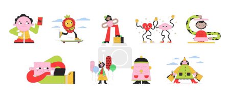 Illustration for Funny geometric shape people 2D linear illustration concepts set. Cute retro cartoon characters isolated on white. Mascot geometry figures metaphor abstract flat vector outline graphic collection - Royalty Free Image