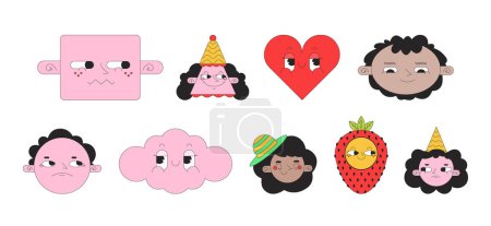Illustration for Groovy cute 2D linear vector avatars illustration set. 70s retro heart, cloud, strawberry cartoon character faces portraits collection. Cone party person flat color user profiles images isolated - Royalty Free Image