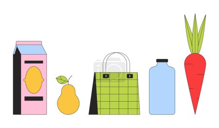 Photo for Grocery goods 2D linear cartoon objects set. Supermarket food and drink isolated line vector elements white background. Shopping bag grocery store package color flat spot illustration collection - Royalty Free Image