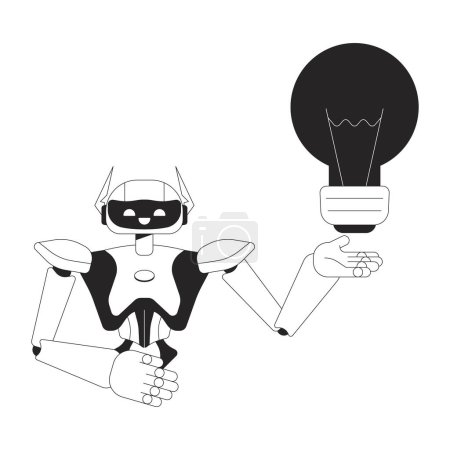 Asistente de robot generando idea de personaje de dibujos animados de línea 2D en blanco y negro. Robótica sosteniendo la bombilla aislado personaje contorno vectorial. Innovación tecnológica ilustración plana monocromática