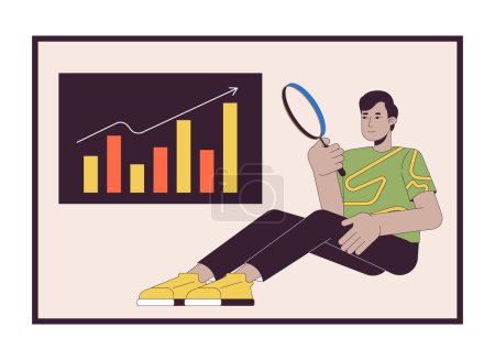 Illustration for Man analyzing business data 2D linear cartoon character. Marketing specialist studying diagram isolated line vector person white background. Business statistics color flat spot illustration - Royalty Free Image