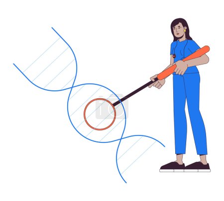Female doctor researching dna helix 2D linear cartoon character. Genetic diseases specialist isolated line vector person white background. Decoding human genome color flat spot illustration