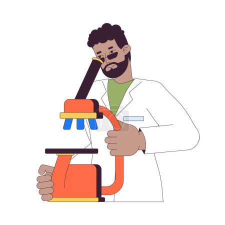 Illustration for African american scientist looking in microscope 2D linear cartoon character. Male doctor studying sample isolated line vector person white background. Researching color flat spot illustration - Royalty Free Image