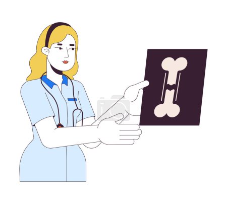 Illustration for Female doctor holding x ray image 2D linear cartoon character. Traumatologist examining broken bone isolated line vector person white background. Traumatology color flat spot illustration - Royalty Free Image