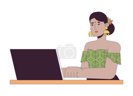 Indian woman working on laptop 2D linear cartoon character. Hindu female teleworker at computer isolated line vector person white background. Outsource employee job color flat spot illustration