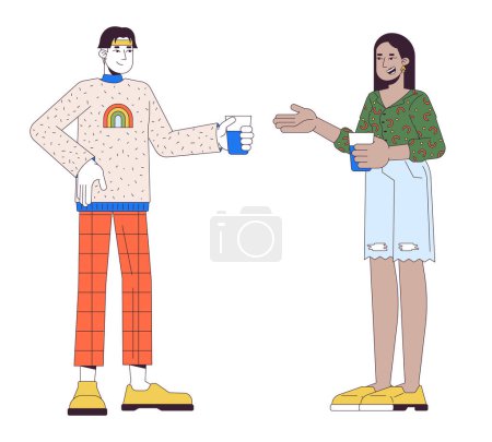 Illustration for Diverse friends talking at party 2D linear cartoon characters. Young man and woman holding drinks isolated line vector people white background. Informal event color flat spot illustration - Royalty Free Image