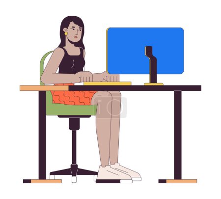 Young woman sitting at computer 2D linear cartoon character. Indian female office worker isolated line vector person white background. Cozy corporate workplace color flat spot illustration