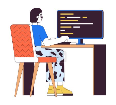 Illustration for Female web developer at work 2D linear cartoon character. Asian woman writing code isolated line vector person white background. Software development technology color flat spot illustration - Royalty Free Image