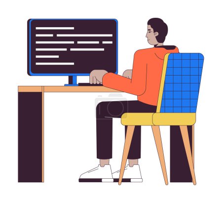 Homme indien développant un logiciel informatique personnage de dessin animé linéaire 2D. Web designer travaillant isolée ligne vecteur personne fond blanc. Logiciel d'ingénierie couleur plat spot illustration