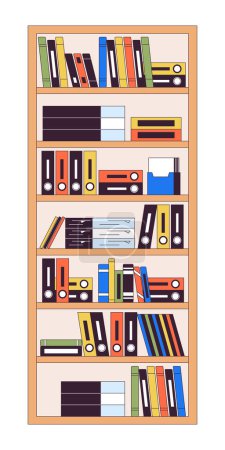 Shelving unit with files and folders 2D linear cartoon object. Bookcase in office isolated line vector element white background. Documents storage furniture color flat spot illustration