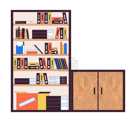 Illustration for Bookshelves with wooden cabinet 2D linear cartoon objects. Modern office furnishing isolated line vector elements white background. Corporate interior design color flat spot illustration - Royalty Free Image