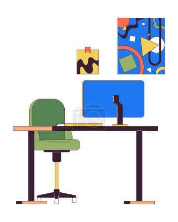 Illustration for Freelancer workplace with computer monitor 2D linear cartoon objects. Pc desk and hanging paintings isolated line vector elements white background. Home office interior color flat spot illustration - Royalty Free Image