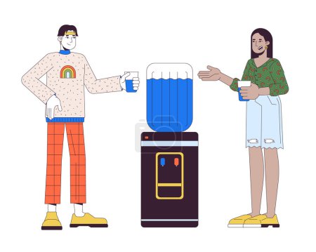 Diverse colleagues talking by cooler 2D linear cartoon characters. Office workers drinking water isolated line vector people white background. Watercooler chat color flat spot illustration