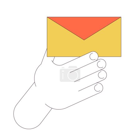 Holding closed envelope linear cartoon character hand illustration. Communication via paper letters outline 2D vector image, white background. Sending message by mail editable flat color clipart