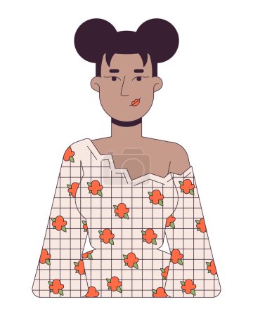 Illustration for Black woman wearing blouse with floral pattern 2D linear cartoon character. Beautiful female isolated line vector person white background. Stylish young model color flat spot illustration - Royalty Free Image