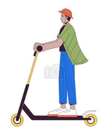 Indian man riding kick scooter 2D linear cartoon character. Young male choosing eco friendly vehicle isolated line vector person white background. Sustainability color flat spot illustration