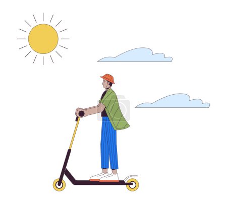 Jeune homme équitation coup de pied scooter le jour ensoleillé personnage de dessin animé linéaire 2D. Indien mâle profiter week-end isolé ligne vecteur personne fond blanc. Illustration de tache plate couleur Lifestyle