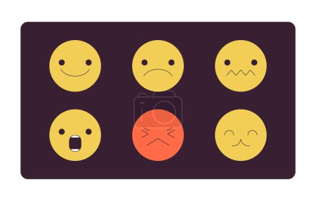 Téléchargez les illustrations : Emojis exprimant des sentiments différents objets de dessin animé linéaire 2D. Émotions sur de petites faces isolées éléments vectoriels de ligne fond blanc. Communication en ligne couleur plat spot illustration - en licence libre de droit