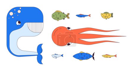 Téléchargez les illustrations : Créatures de haute mer 2D personnages de dessins animés linéaires ensemble. Les habitats des écosystèmes d'eau salée sont des personnages isolés de vecteurs linéaires de fond blanc. Faune recherche couleur taches plates collection d'illustrations - en licence libre de droit