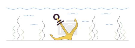Lost ship anchor underwater 2D linear cartoon object. Vessel mooring tool on sea bottom isolated line vector element white background. Shipwreck consequences color flat spot illustration