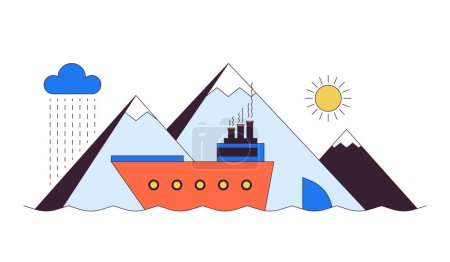 Illustration for Vessel sailing past mountains 2D linear cartoon objects. Travelling by water. Tourist ship on exotic cruise isolated line vector elements white background. Sea vacation color flat spot illustration - Royalty Free Image